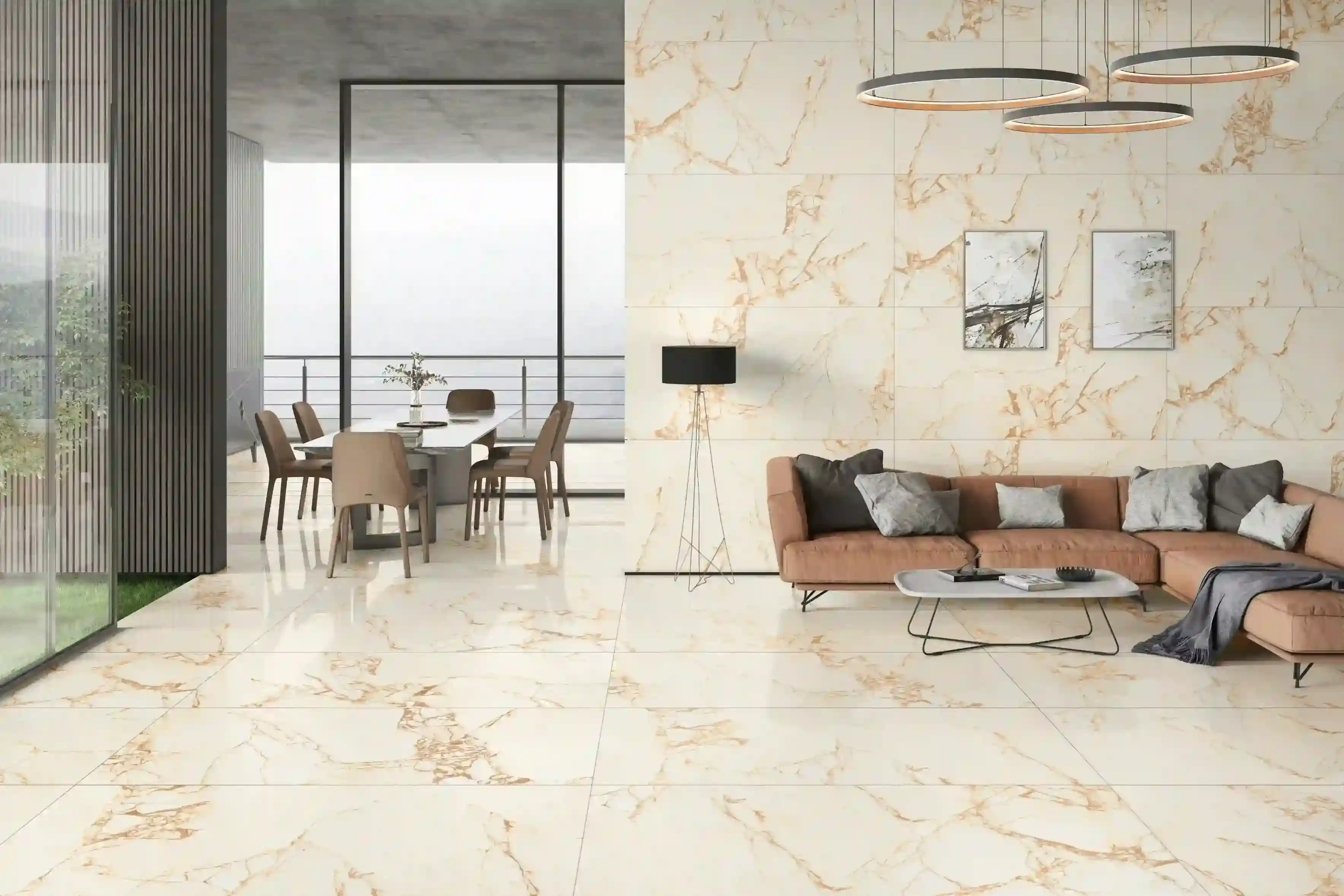 Cream and gold-veined large-format marble porcelain tile covering a modern open-plan living and dining room
