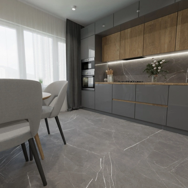 Dark gray marble-look large-format porcelain tile in a sleek modern kitchen